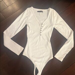 A+ F Ribbed Long Sleeve Henley Bodysuit - White